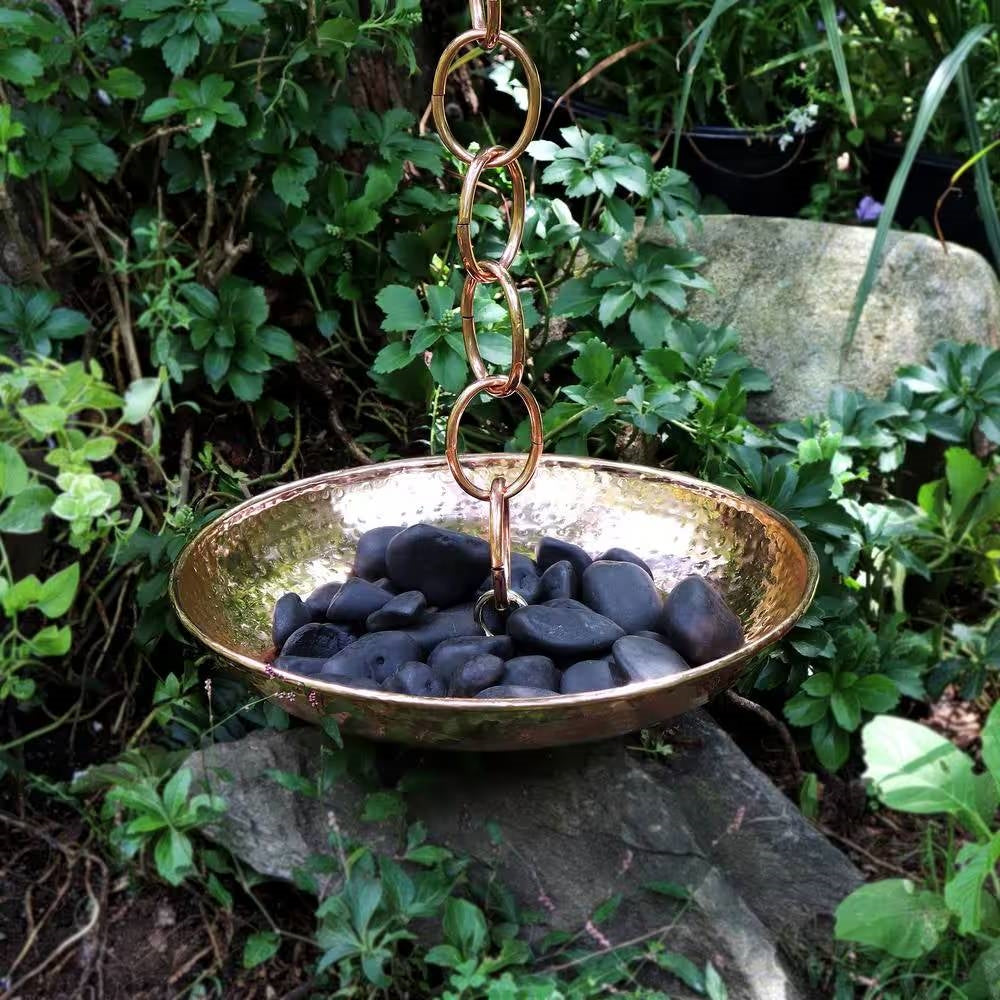 Hand Hammered Copper Polished Rain Chain Basin - 16.5 inch Diameter FastFurnishings