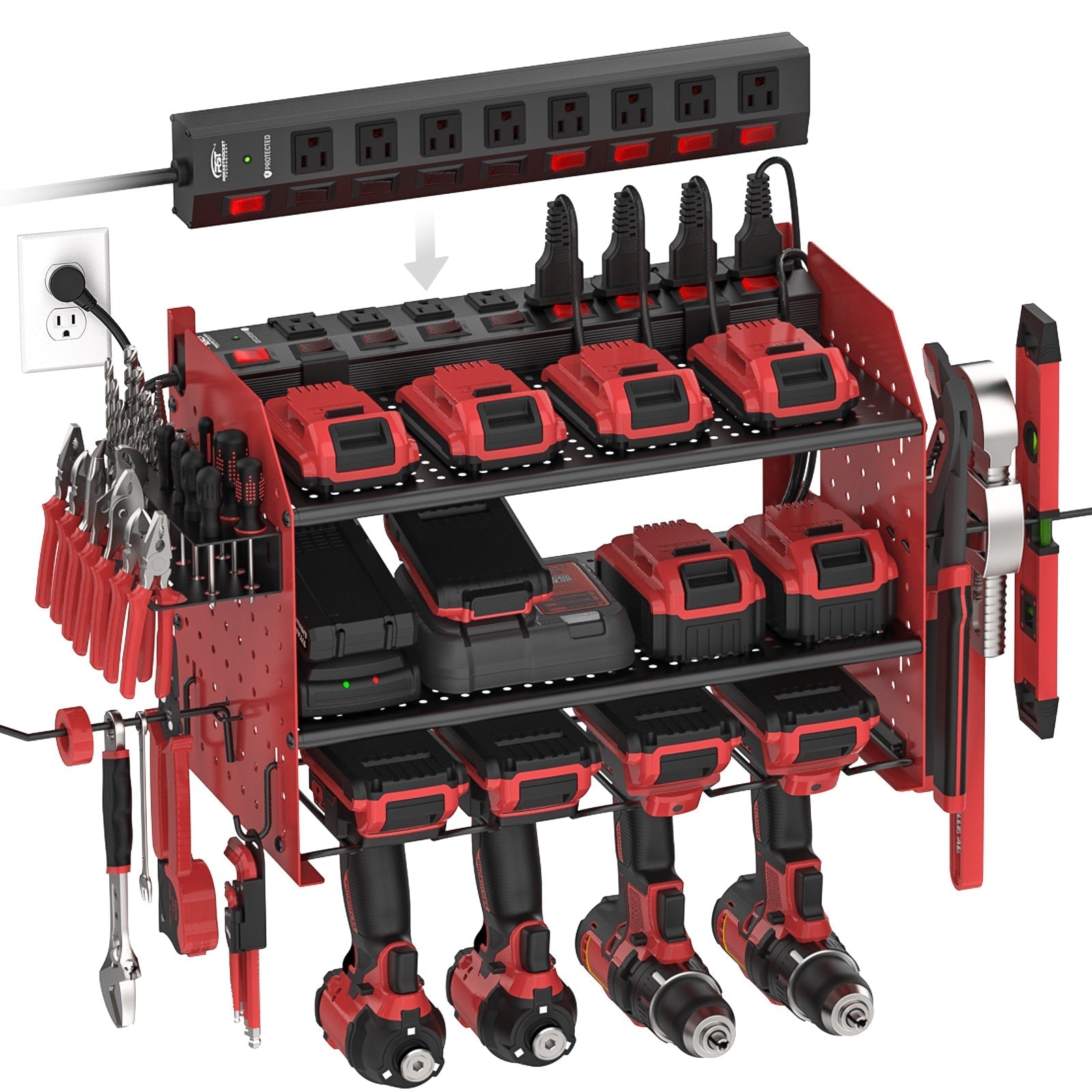3 Layers Power Tool Organizer Wall Mount with Charging Station, Garage Tool Storage Rack Shelf with 8-Outlet Individual Switches Power Strip Rocket Socket Technology