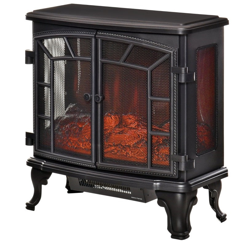 Black Remote Controlled Electric Fireplace Heater Realistic LED Flames and Logs FastFurnishings