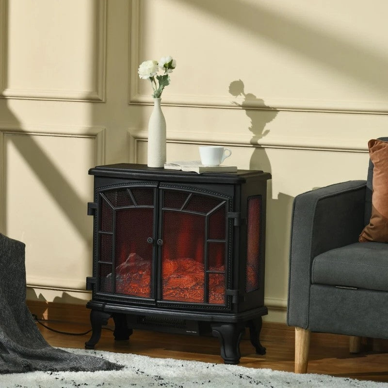 Black Remote Controlled Electric Fireplace Heater Realistic LED Flames and Logs FastFurnishings