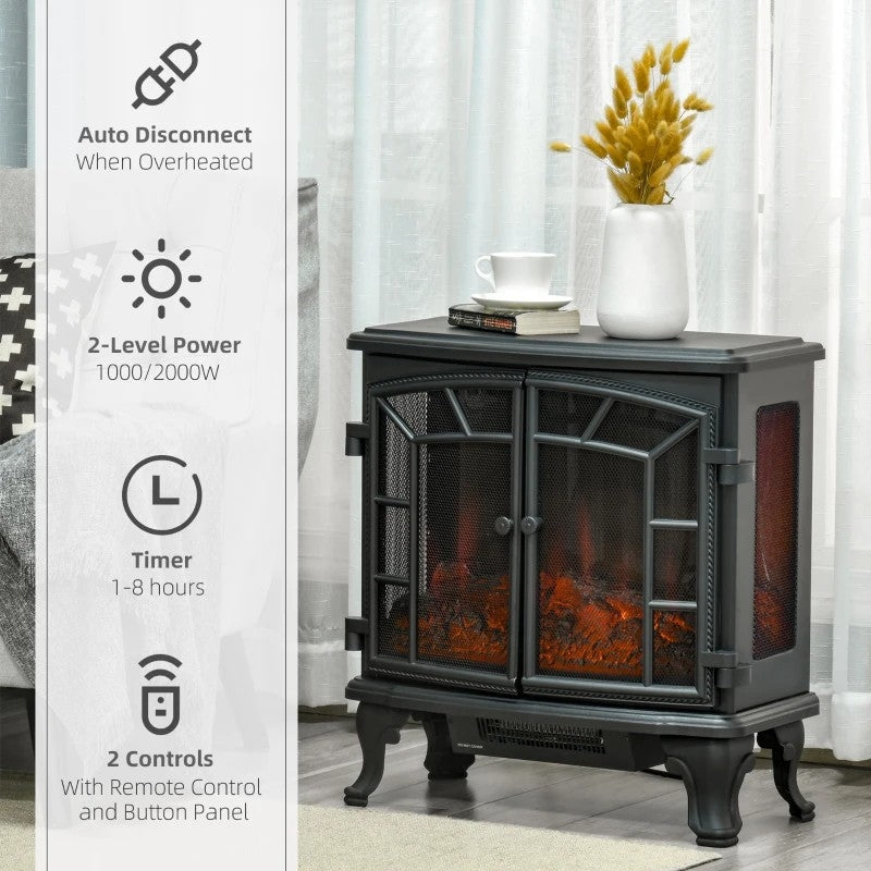 Black Remote Controlled Electric Fireplace Heater Realistic LED Flames and Logs FastFurnishings