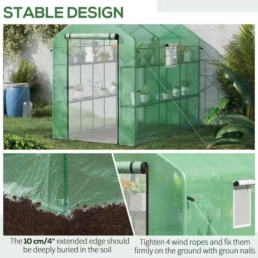 7 ft x 4.7 ft Oudoor Greenhouse with Steel Frame and Green PE Cover FastFurnishings