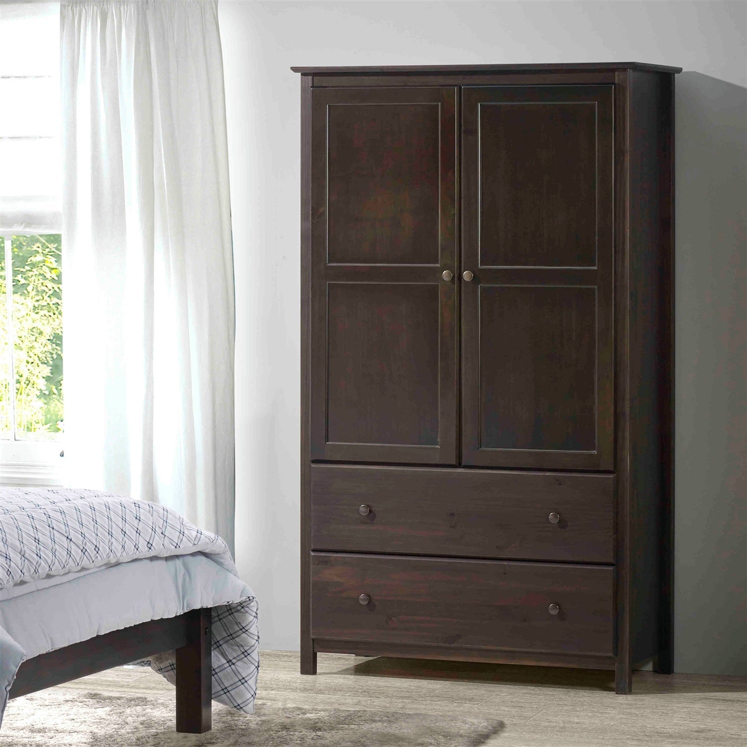 Brown Espresso Solid Wood Bedroom Armoire Wardrobe Cabinet with Hanging Bar FastFurnishings
