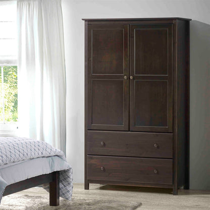 Brown Espresso Solid Wood Bedroom Armoire Wardrobe Cabinet with Hanging Bar FastFurnishings