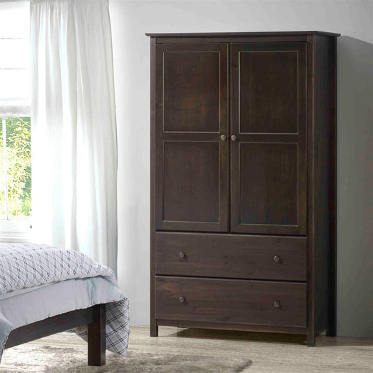 Brown Espresso Solid Wood Bedroom Armoire Wardrobe Cabinet with Hanging Bar FastFurnishings