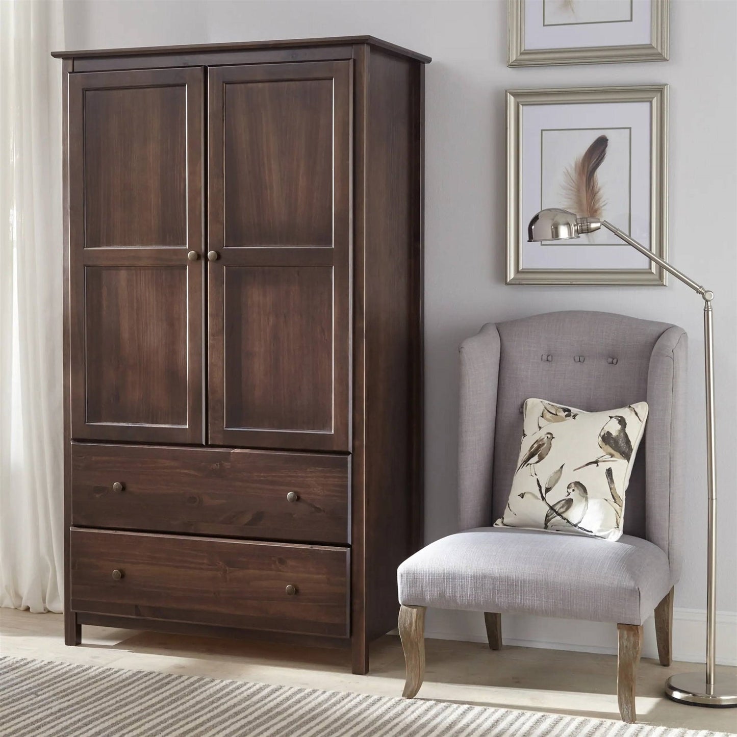 Brown Espresso Solid Wood Bedroom Armoire Wardrobe Cabinet with Hanging Bar FastFurnishings