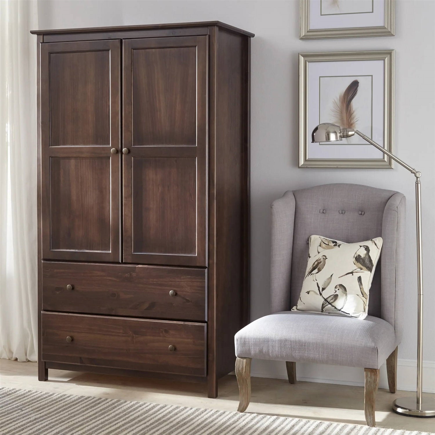 Brown Espresso Solid Wood Bedroom Armoire Wardrobe Cabinet with Hanging Bar FastFurnishings