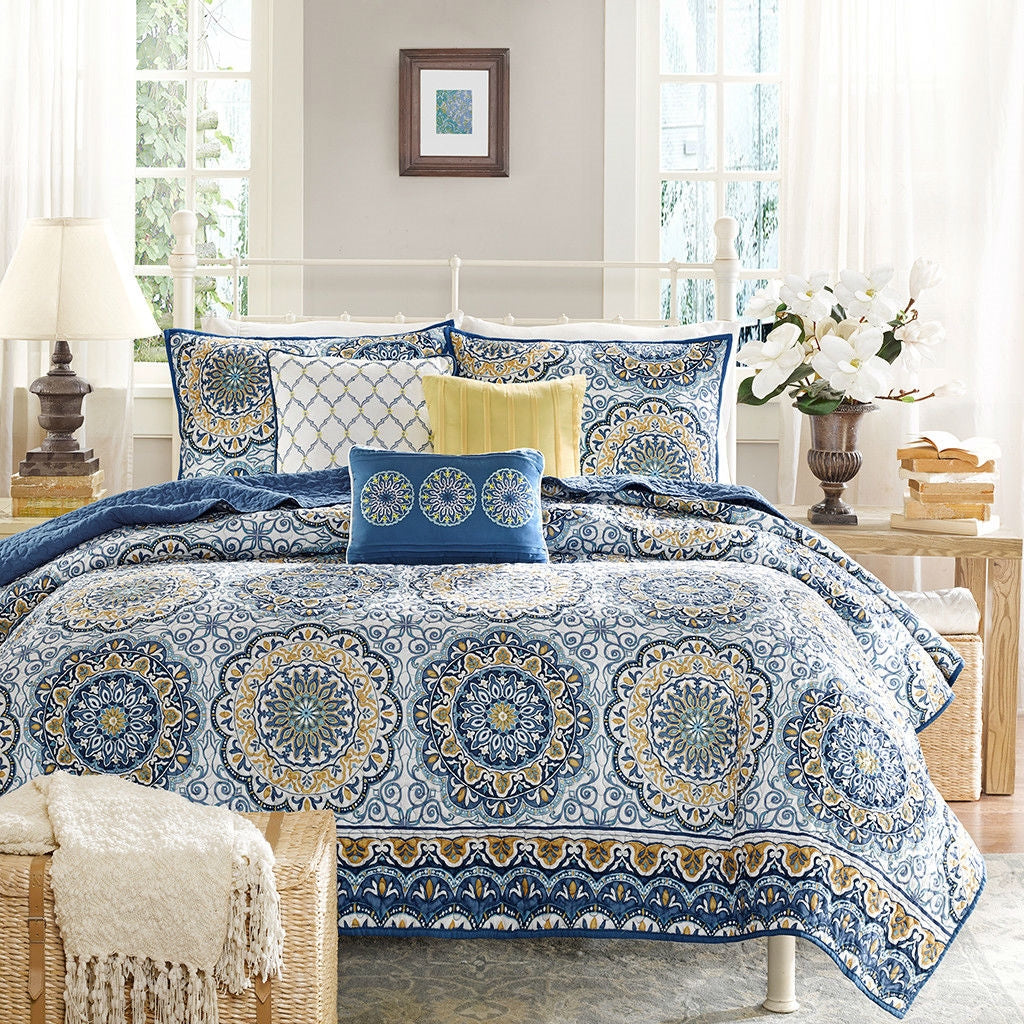 Queen size 6-Piece Coverlet Quilt Set in Blue Floral Pattern FastFurnishings