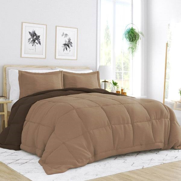 Full/Queen 3-Piece Microfiber Reversible Comforter Set in Taupe Brown FastFurnishings