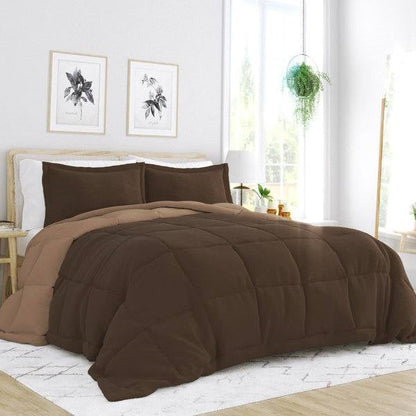 Full/Queen 3-Piece Microfiber Reversible Comforter Set in Taupe Brown FastFurnishings