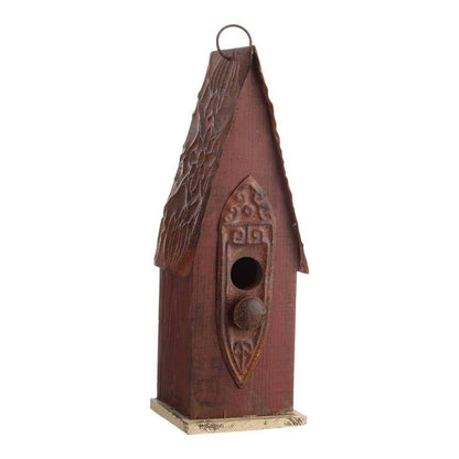 Outdoor Garden Rustic Brown Solid Wood and Iron Bird House FastFurnishings