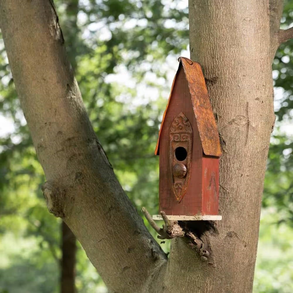 Outdoor Garden Rustic Brown Solid Wood and Iron Bird House FastFurnishings
