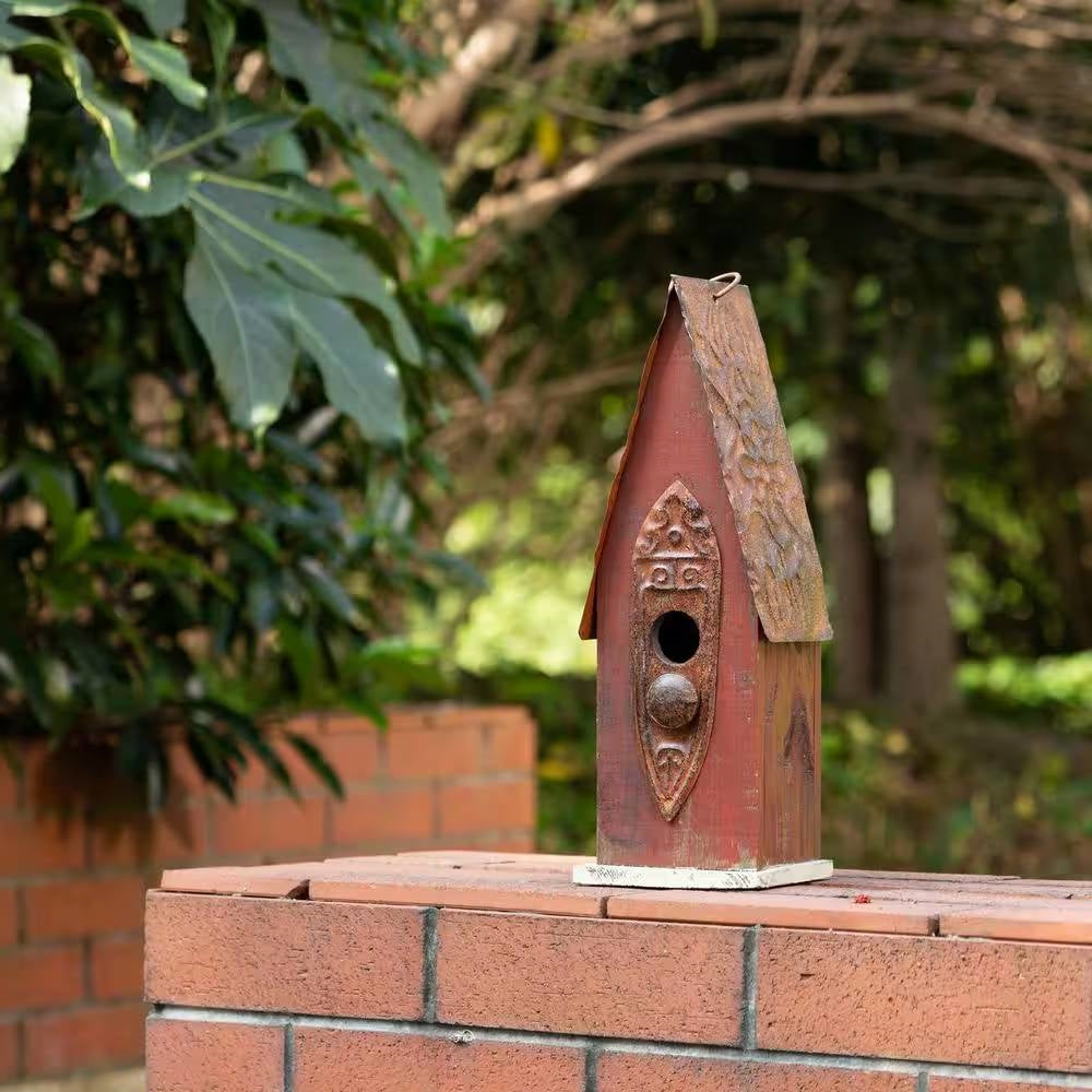 Outdoor Garden Rustic Brown Solid Wood and Iron Bird House FastFurnishings