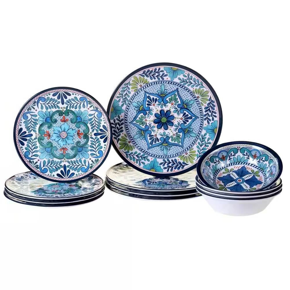 12-Piece Melamine Dinnerware Plates Bowls Set with Blue Floral Pattern FastFurnishings
