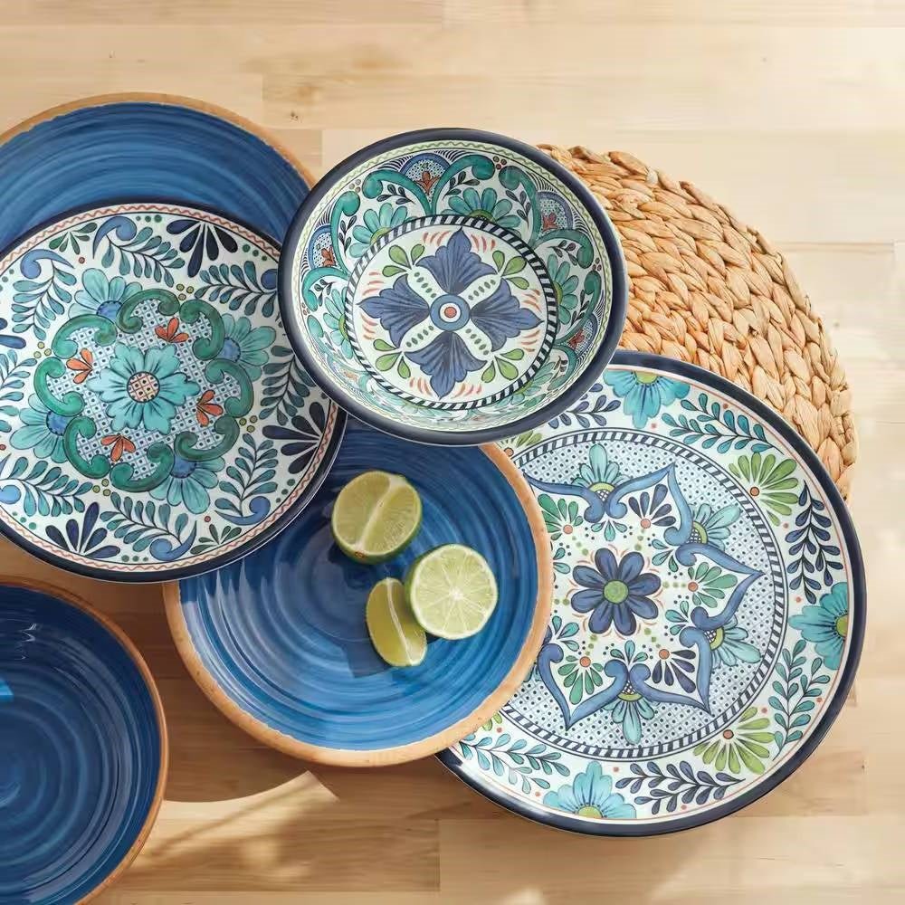 12-Piece Melamine Dinnerware Plates Bowls Set with Blue Floral Pattern FastFurnishings