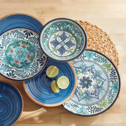 12-Piece Melamine Dinnerware Plates Bowls Set with Blue Floral Pattern FastFurnishings