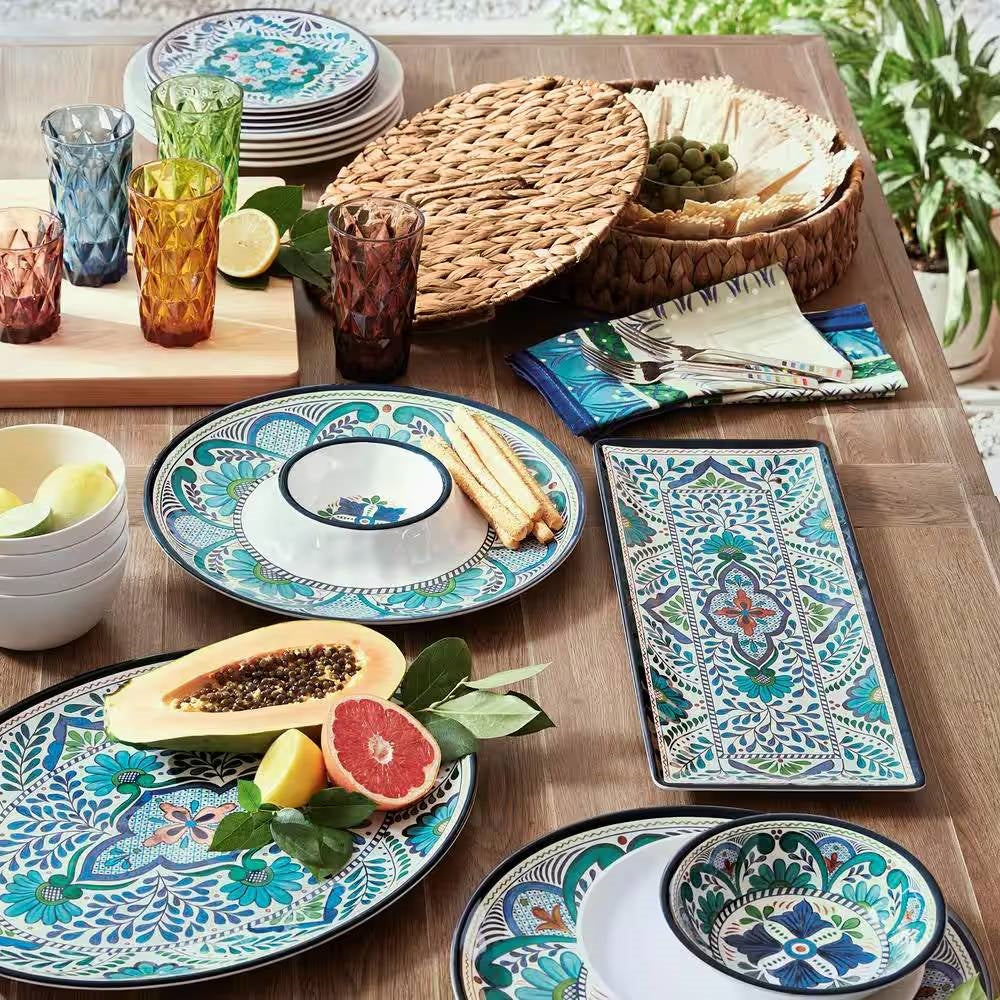12-Piece Melamine Dinnerware Plates Bowls Set with Blue Floral Pattern FastFurnishings