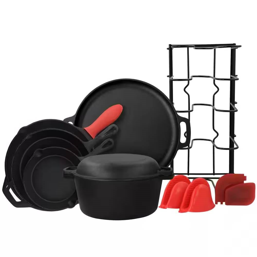 12-Piece Cast Iron Cookware set with Dutch Oven Frying Pan Skillet and Pizza Pan FastFurnishings