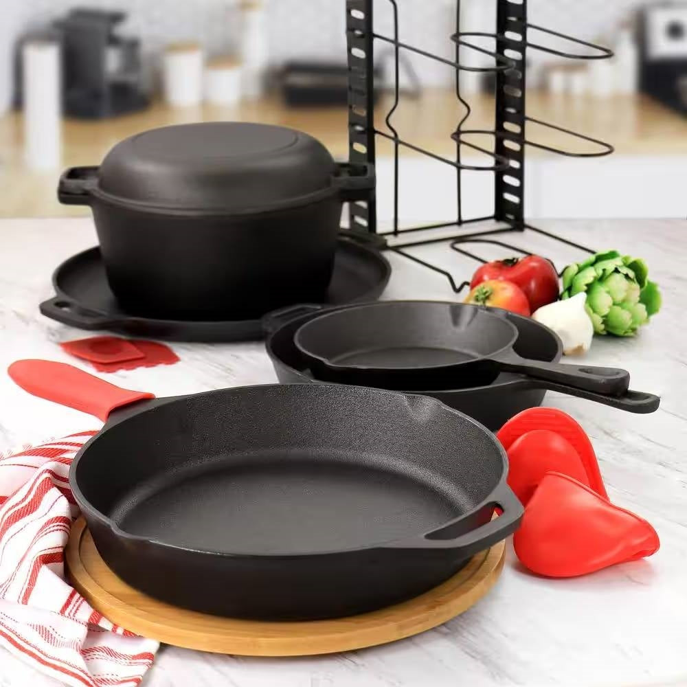 12-Piece Cast Iron Cookware set with Dutch Oven Frying Pan Skillet and Pizza Pan FastFurnishings