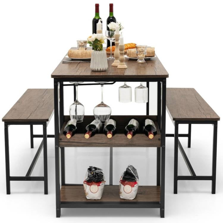 Modern Industrial 3-Piece Metal Wood Dining Set with 2 Benches and Wine Rack FastFurnishings