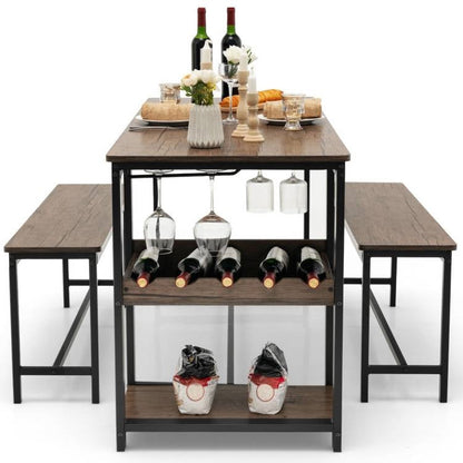 Modern Industrial 3-Piece Metal Wood Dining Set with 2 Benches and Wine Rack FastFurnishings