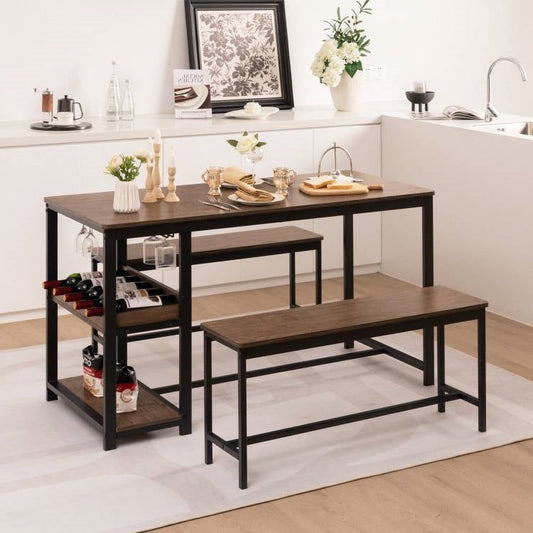 Modern Industrial 3-Piece Metal Wood Dining Set with 2 Benches and Wine Rack FastFurnishings
