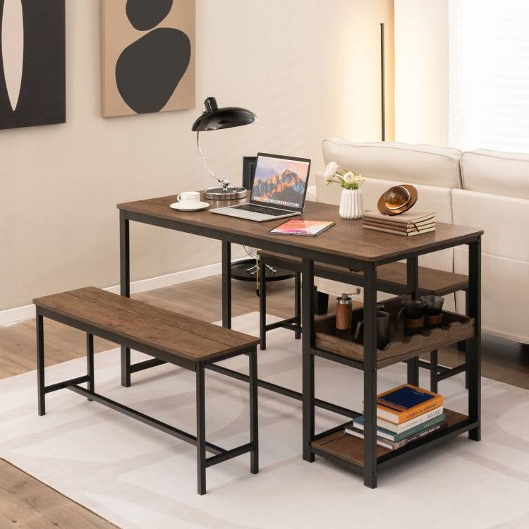 Modern Industrial 3-Piece Metal Wood Dining Set with 2 Benches and Wine Rack FastFurnishings