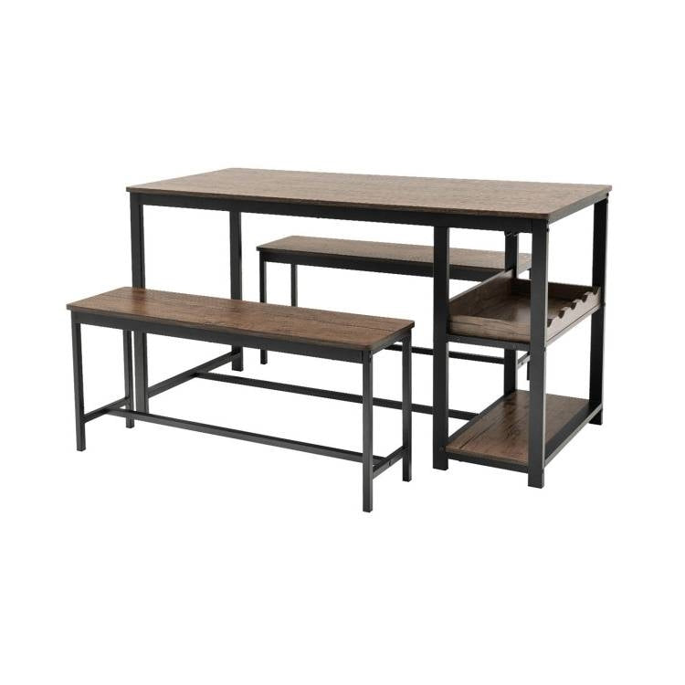 Modern Industrial 3-Piece Metal Wood Dining Set with 2 Benches and Wine Rack FastFurnishings