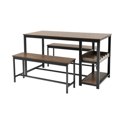 Modern Industrial 3-Piece Metal Wood Dining Set with 2 Benches and Wine Rack FastFurnishings