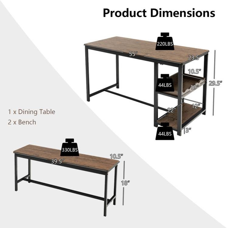 Modern Industrial 3-Piece Metal Wood Dining Set with 2 Benches and Wine Rack FastFurnishings