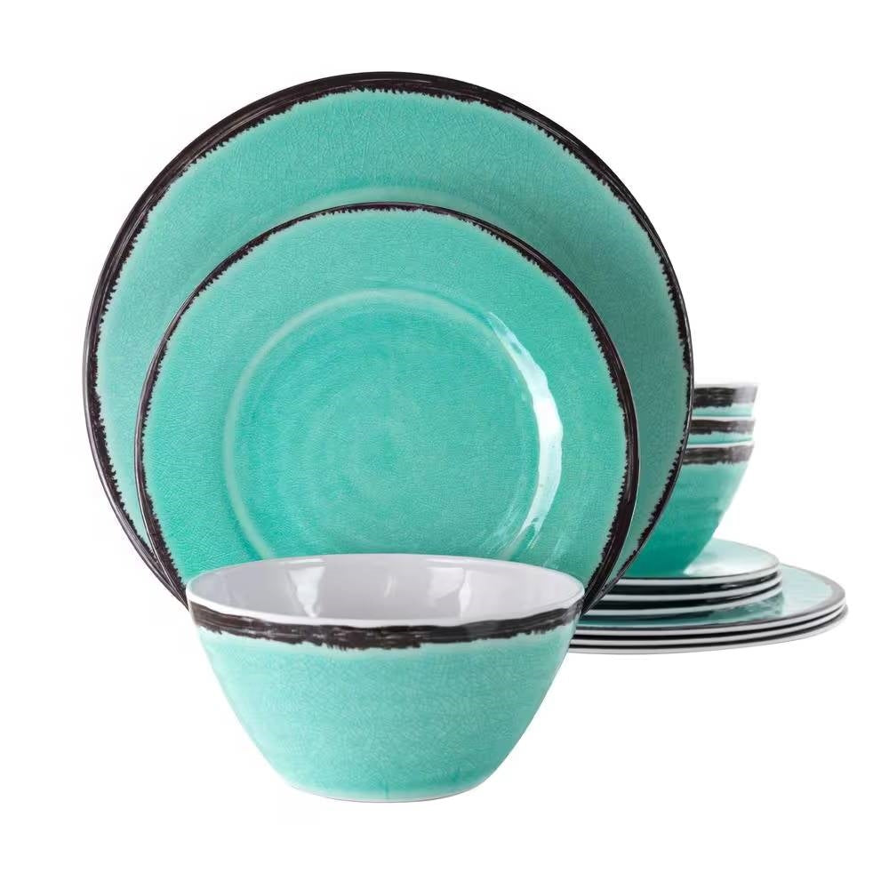 12-Piece Melamine Plates Bowls Dinnerware Set in Turquoise Blue - Service for 4 FastFurnishings