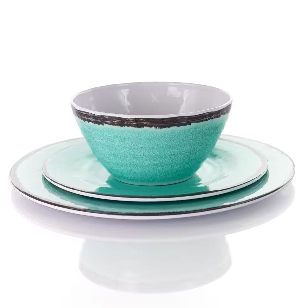 12-Piece Melamine Plates Bowls Dinnerware Set in Turquoise Blue - Service for 4 FastFurnishings