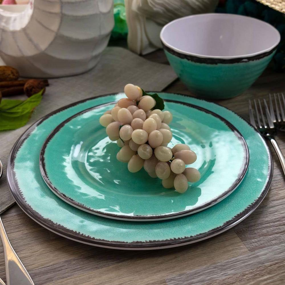 12-Piece Melamine Plates Bowls Dinnerware Set in Turquoise Blue - Service for 4 FastFurnishings