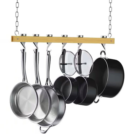 Ceiling Mounted 36-inch Wooden Pot Rack with 4 Pan Hanging Hooks and 2 Swivel Hooks FastFurnishings
