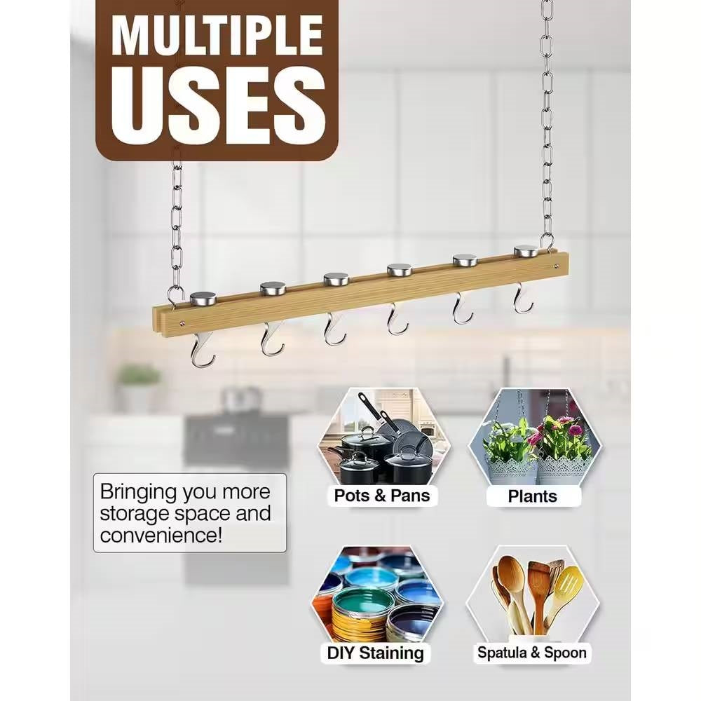Ceiling Mounted 36-inch Wooden Pot Rack with 4 Pan Hanging Hooks and 2 Swivel Hooks FastFurnishings