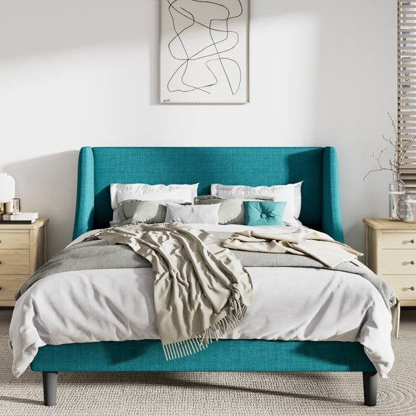 Full Size Turquoise Linen Blend Upholstered Platform Bed with Wingback Headboard FastFurnishings
