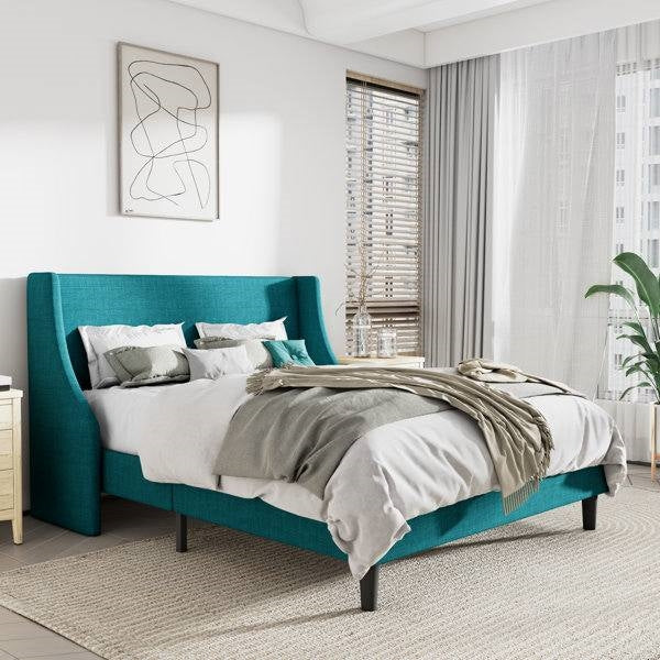 Full Size Turquoise Linen Blend Upholstered Platform Bed with Wingback Headboard FastFurnishings