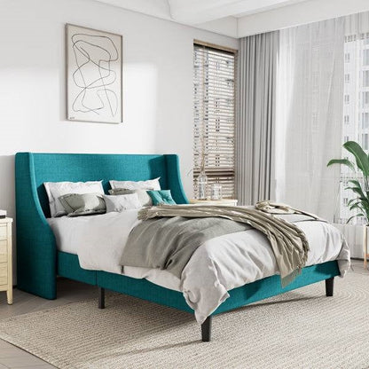 Full Size Turquoise Linen Blend Upholstered Platform Bed with Wingback Headboard FastFurnishings