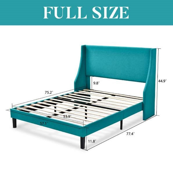 Full Size Turquoise Linen Blend Upholstered Platform Bed with Wingback Headboard FastFurnishings