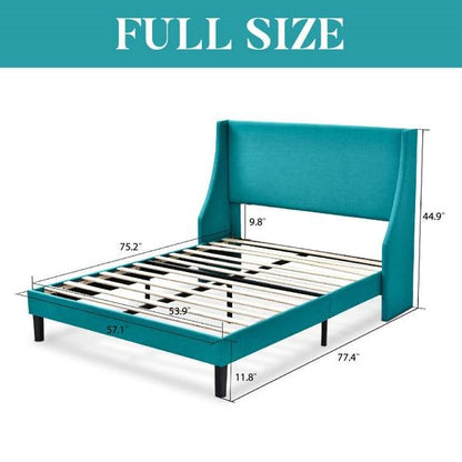 Full Size Turquoise Linen Blend Upholstered Platform Bed with Wingback Headboard FastFurnishings