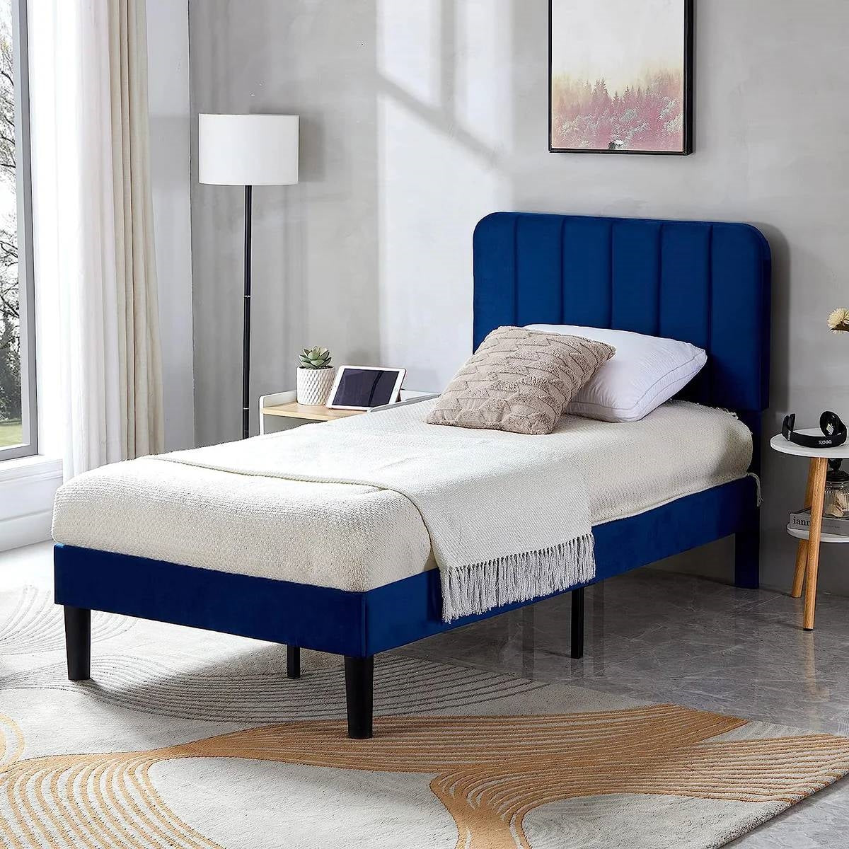 Twin size Blue Upholstered Platform Bed Frame with Headboard FastFurnishings