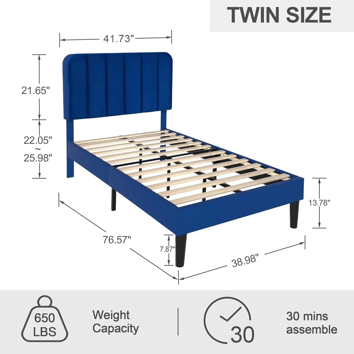 Twin size Blue Upholstered Platform Bed Frame with Headboard FastFurnishings