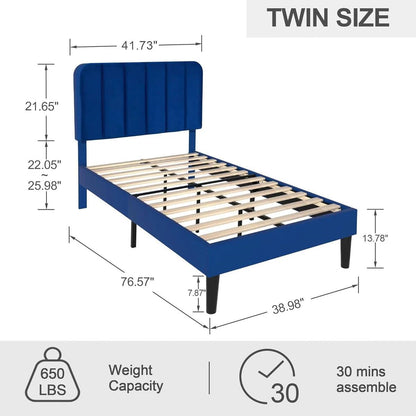 Twin size Blue Upholstered Platform Bed Frame with Headboard FastFurnishings