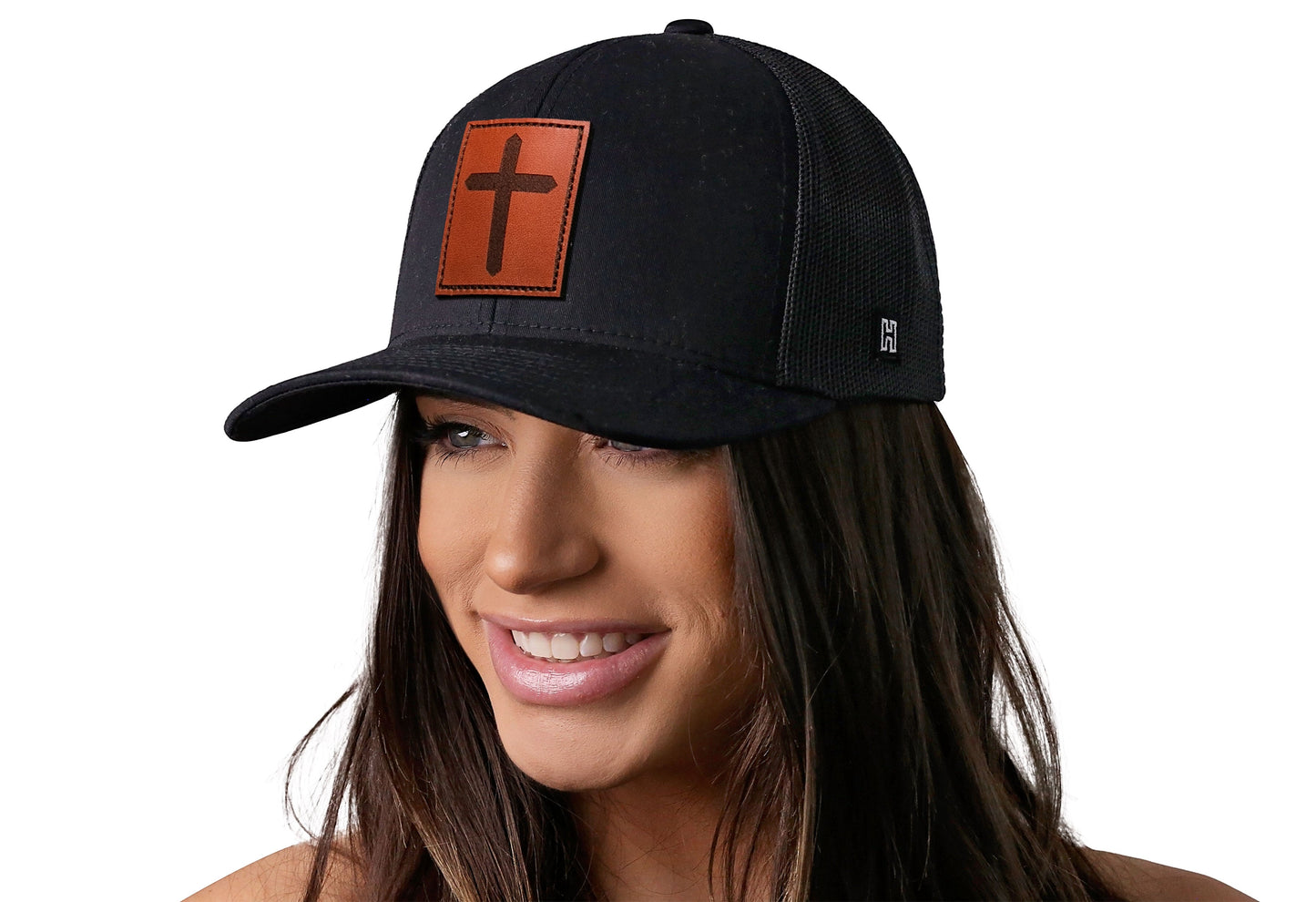 Cross Trucker Hat Rectangle Leather  |  Black Christian Snapback Haka Hat