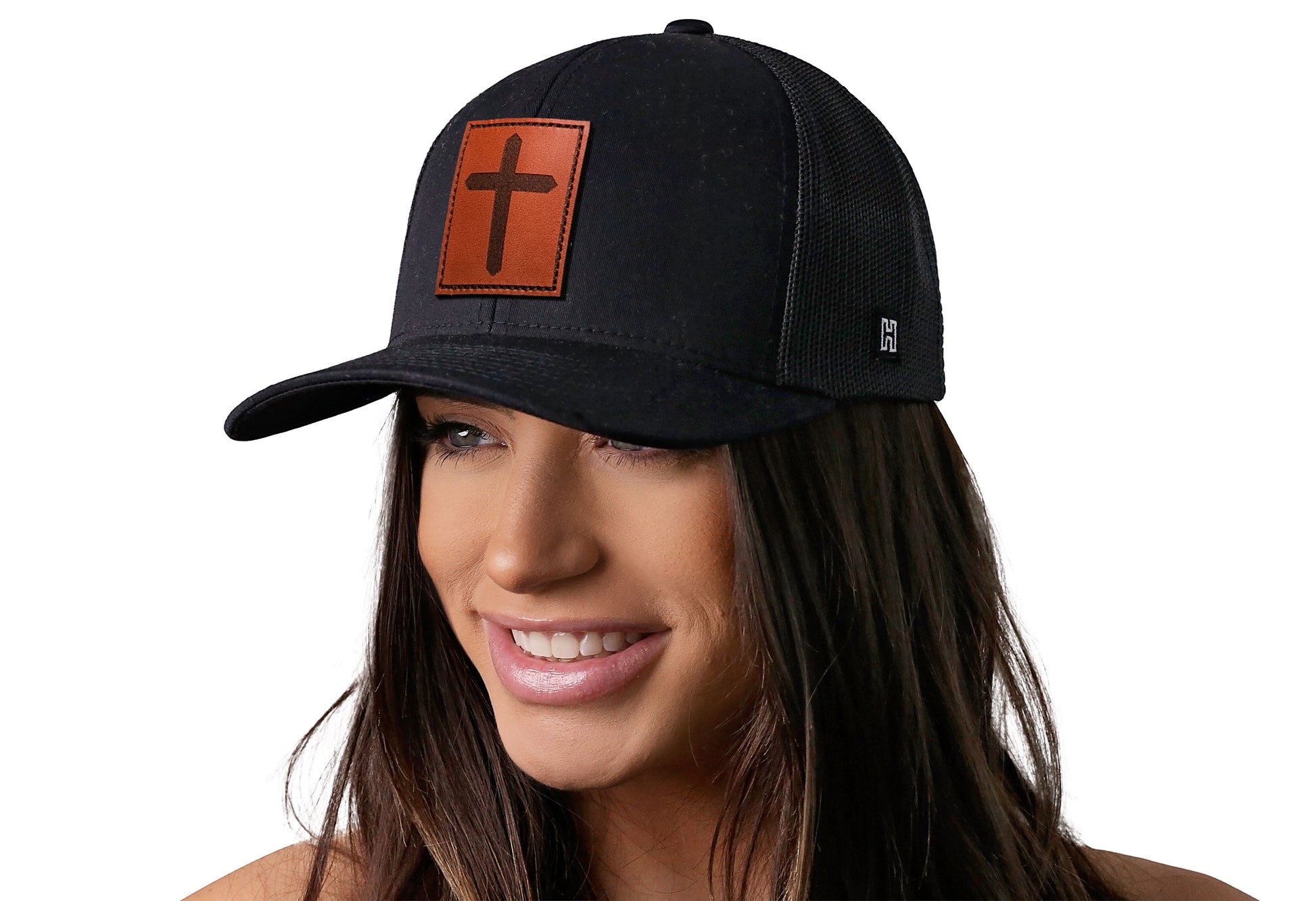 Cross Trucker Hat Rectangle Leather  |  Black Christian Snapback Haka Hat