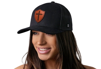 Cross Trucker Hat Shield Leather  |  Black Christian Snapback - Get it from Bo