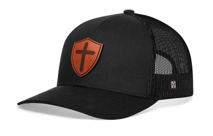 Cross Trucker Hat Shield Leather  |  Black Christian Snapback - Get it from Bo