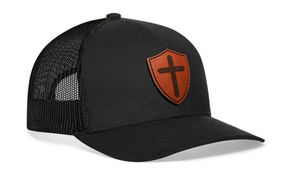 Cross Trucker Hat Shield Leather  |  Black Christian Snapback - Get it from Bo