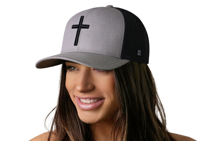 Cross Trucker Hat  |  Gray Black Christian 3D Puff Snapback Haka Hat