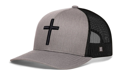 Cross Trucker Hat  |  Gray Black Christian 3D Puff Snapback Haka Hat